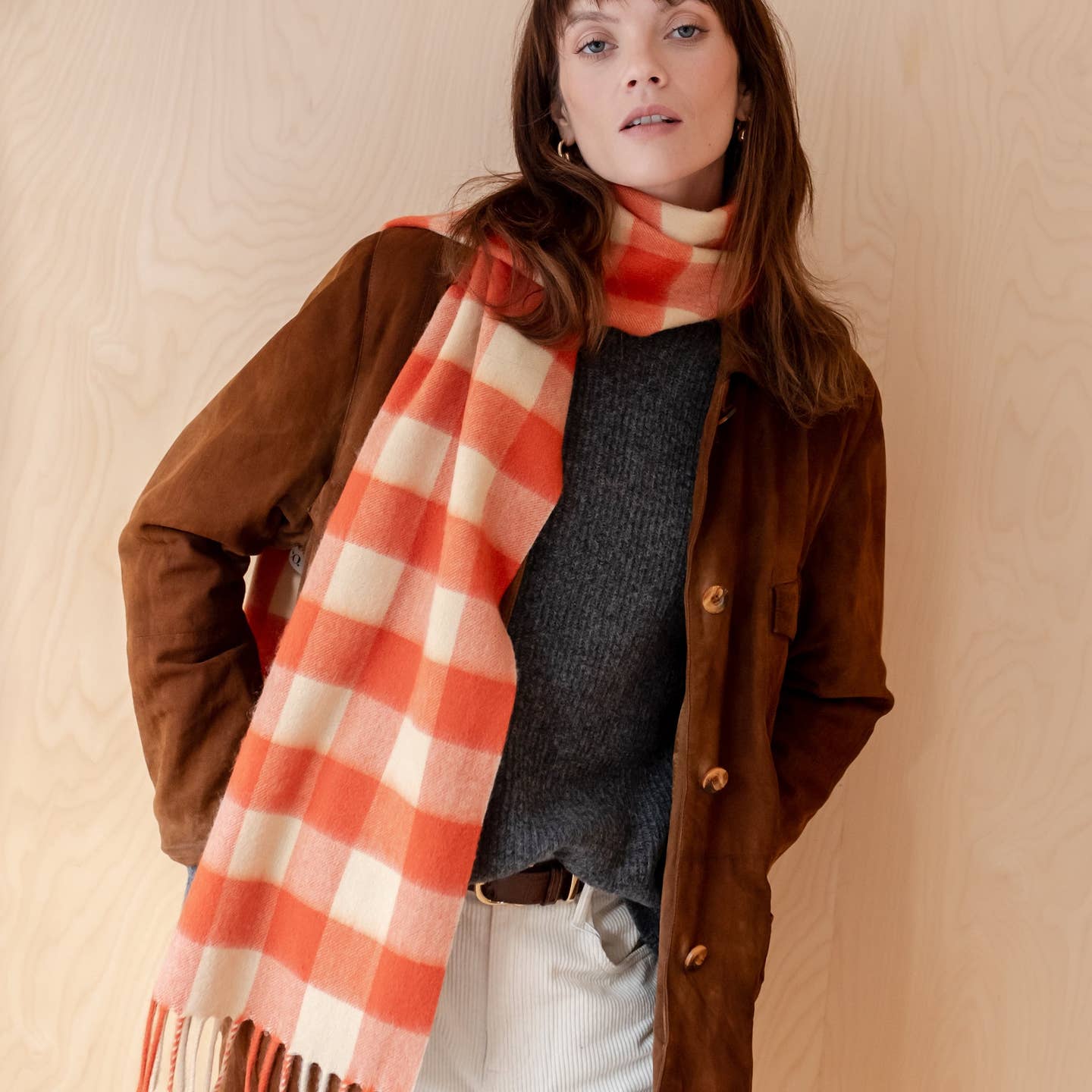 Lambswool Scarf in Orange Gingham