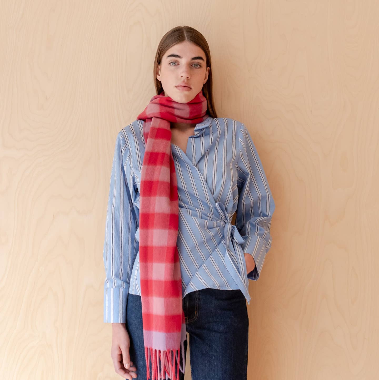 Lambswool Oversized Scarf in Rose Gingham