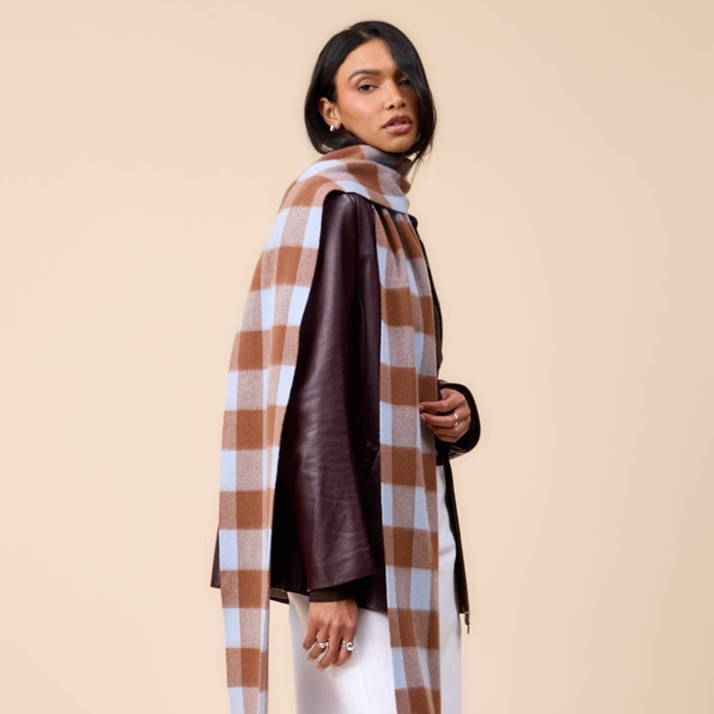 Lambswool Skinny Scarf in Blue + Brown Gingham